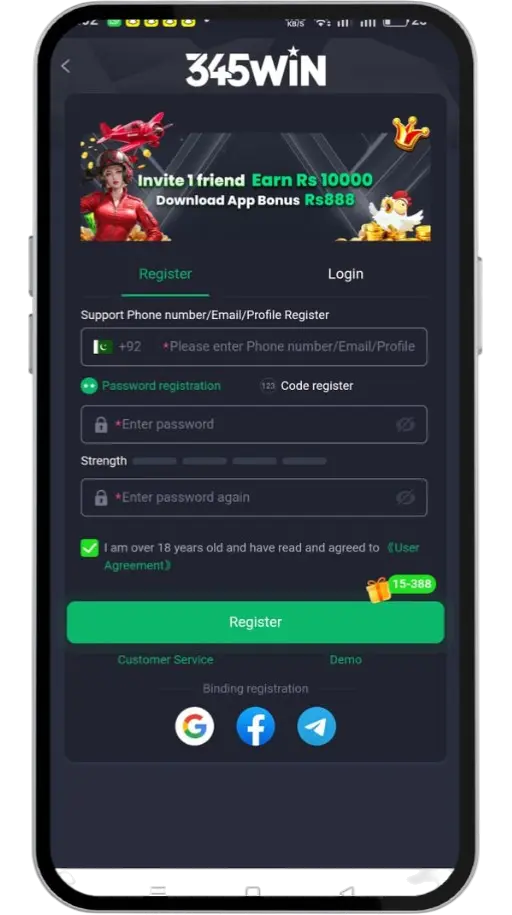 345win registration screen showing the sign-up process with mobile number and OTP verification