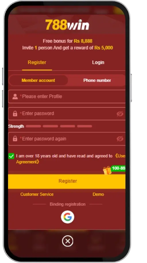 788Win Game Sign-up screen