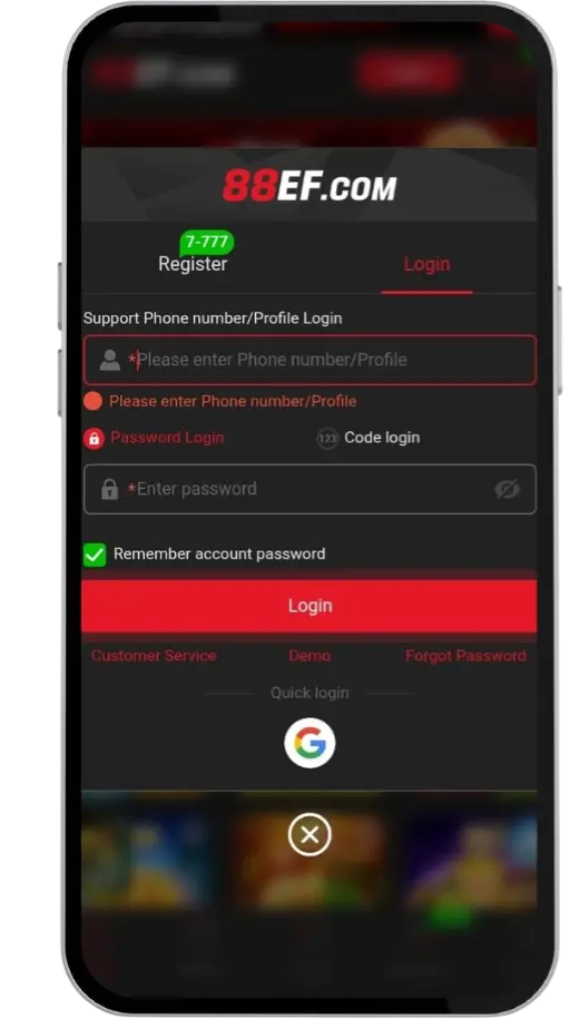 88FE game sign up and login screen