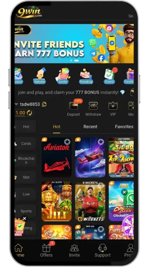 9Win game lobby showing slots and live casino options in Pakistan