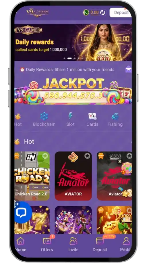 v9 game home screen variety of popular earning games.